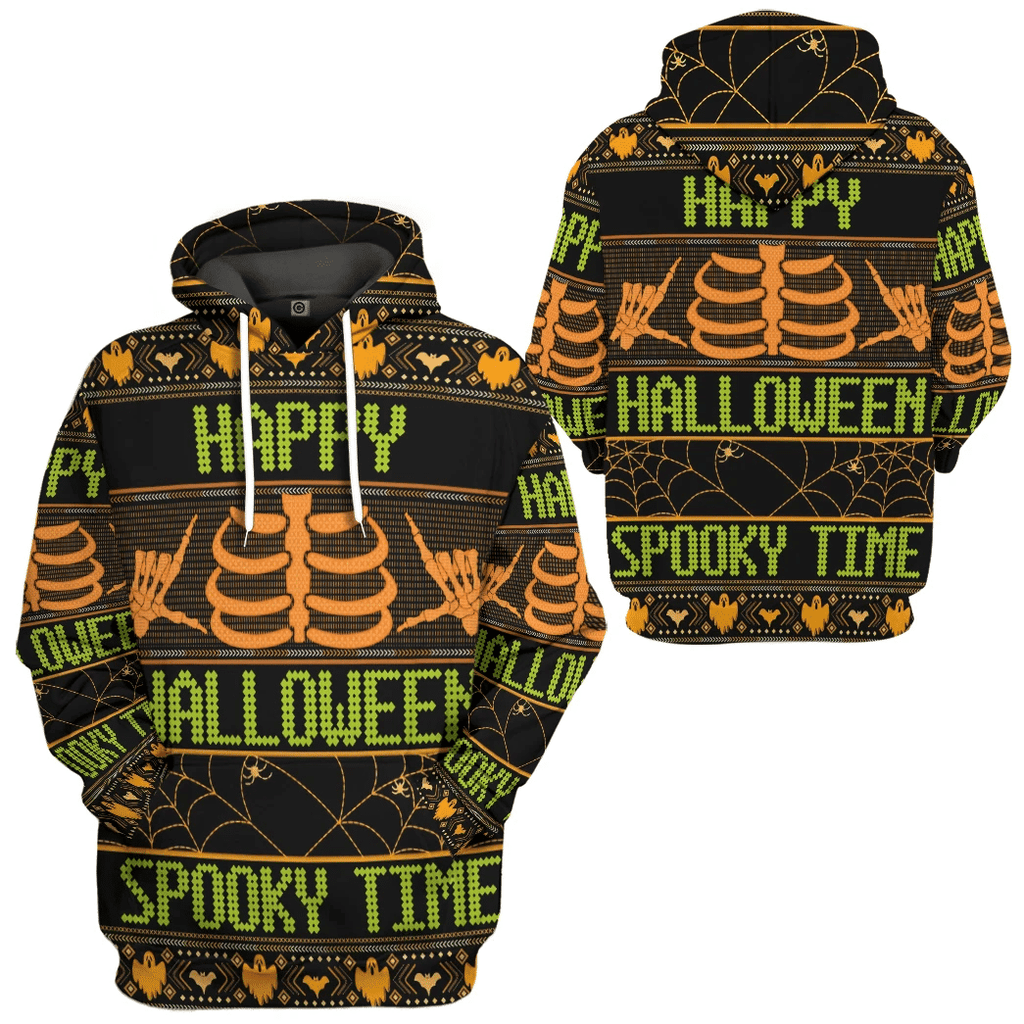 Gifury Halloween T-shirt Happy Halloween Spooky Time Skeleton Halloween Patterns Black Hoodie Halloween Hoodie Halloween Apparel 2024