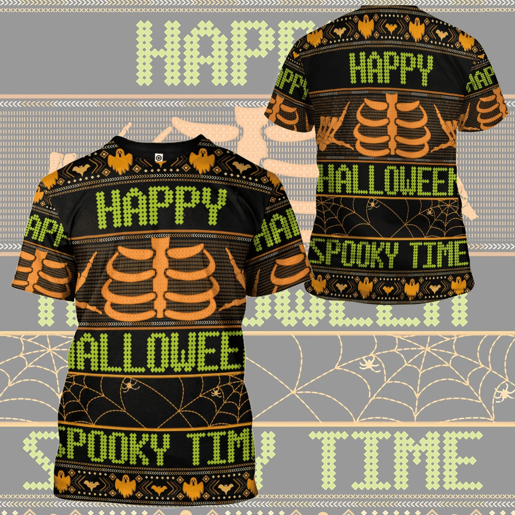 Gifury Halloween T-shirt Happy Halloween Spooky Time Skeleton Halloween Patterns Black Hoodie Halloween Hoodie Halloween Apparel 2023