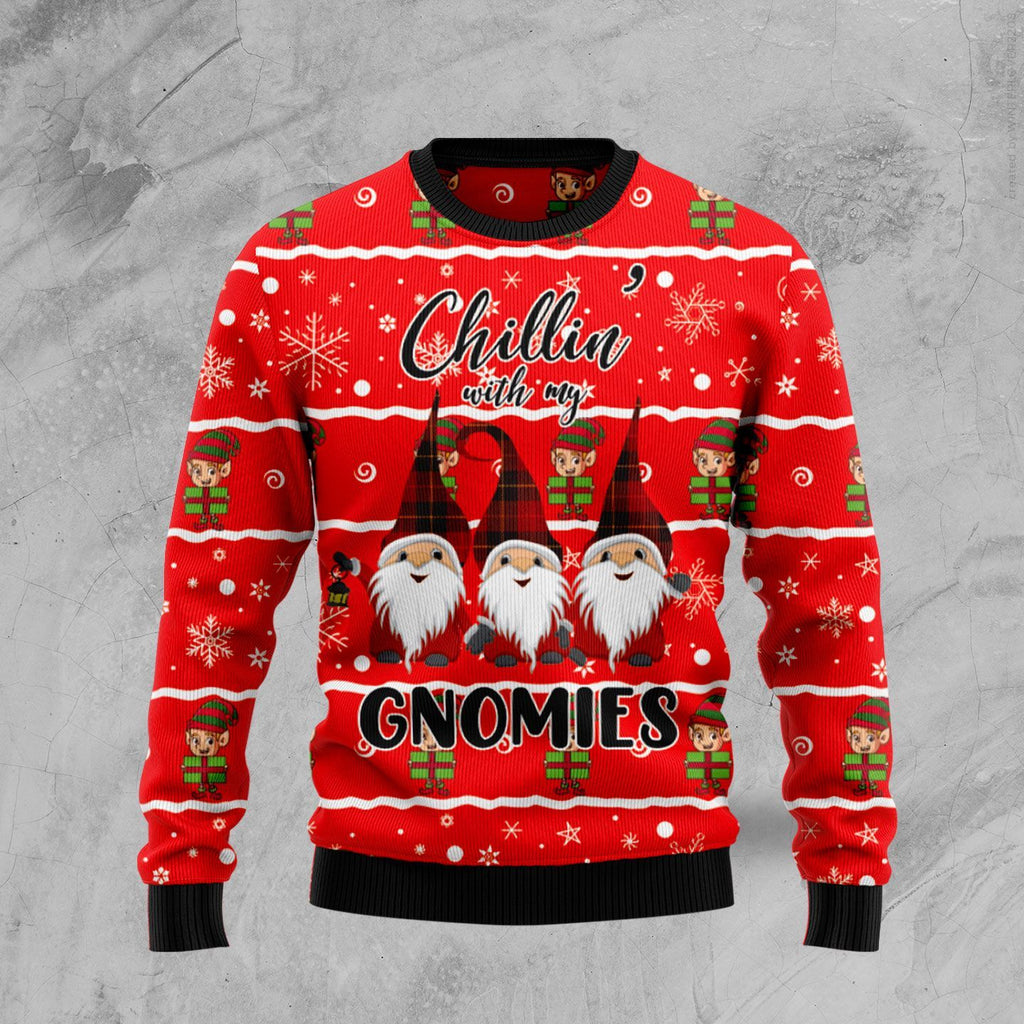 Gifury Gnome Christmas Ugly Sweater Three Gnomes Chilling With My Gnomie Christmas Pattern Red Sweater Gnome Apparel 2022