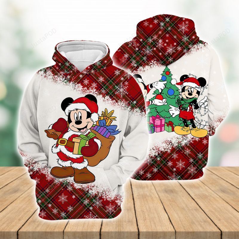  DN Christmas Hoodie MK Mouse Santa Claus With Presents Plaid Christmas Hoodie