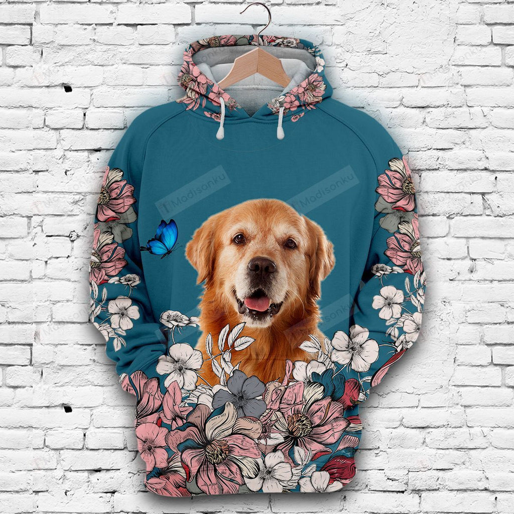 Gifury Dog Golden Retriever Hoodie Golden Retriever With Flowers And Butterfly Blue Hoodie Dog Hoodie Dog Apparel 2022