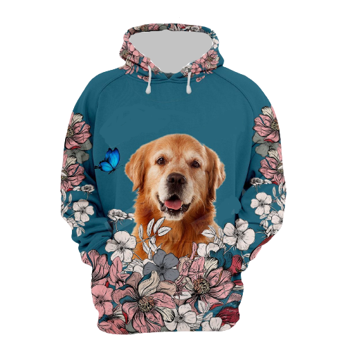 Gifury Dog Golden Retriever Hoodie Golden Retriever With Flowers And Butterfly Blue Hoodie Dog Hoodie Dog Apparel 2023