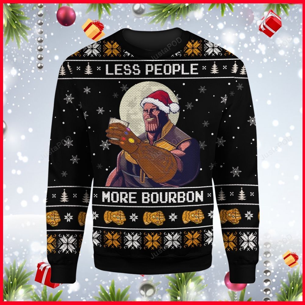 MV Christmas Ugly Sweater Thanos Less People More Bourbon Gauntlet Black Sweater