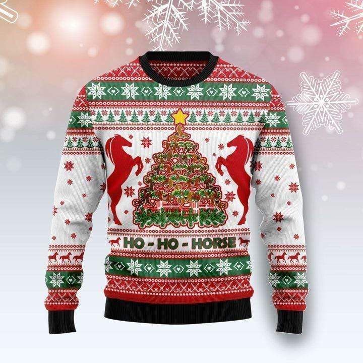 Horse Christmas Ugly Sweater Ho Ho Horse Christmas Tree Green Red White Sweater