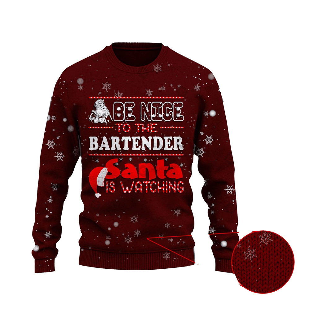 Bartender Christmas Ugly Sweater Be Nice To The Bartender Santa Is Watching Red Sweater