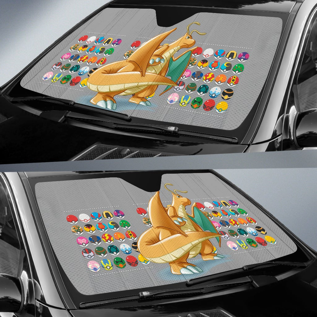 Pokemon Windshield Shade Dragonite Render With Colorful Pokeballs Car Sun Shade Pokemon Car Sun Shade