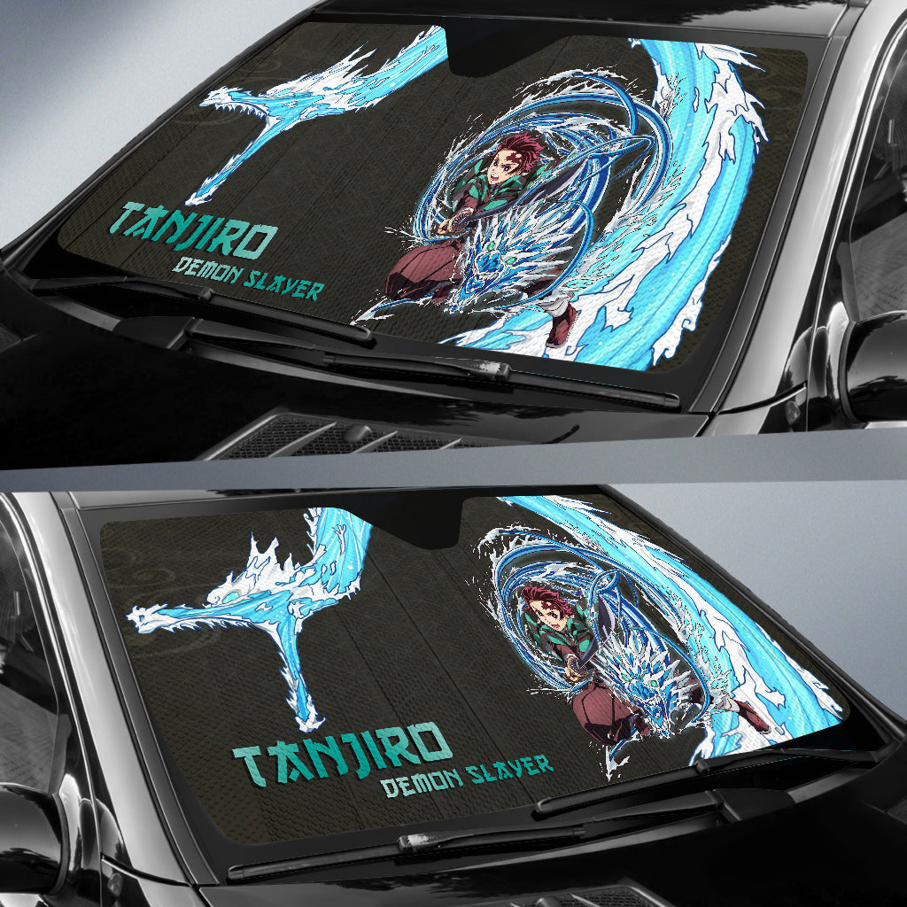  Demon Slayer Windshield Shade Tanjiro Water Breath Dragon Power Black Pattern Car Sun Shade Demon Slayer Car Sun Shade