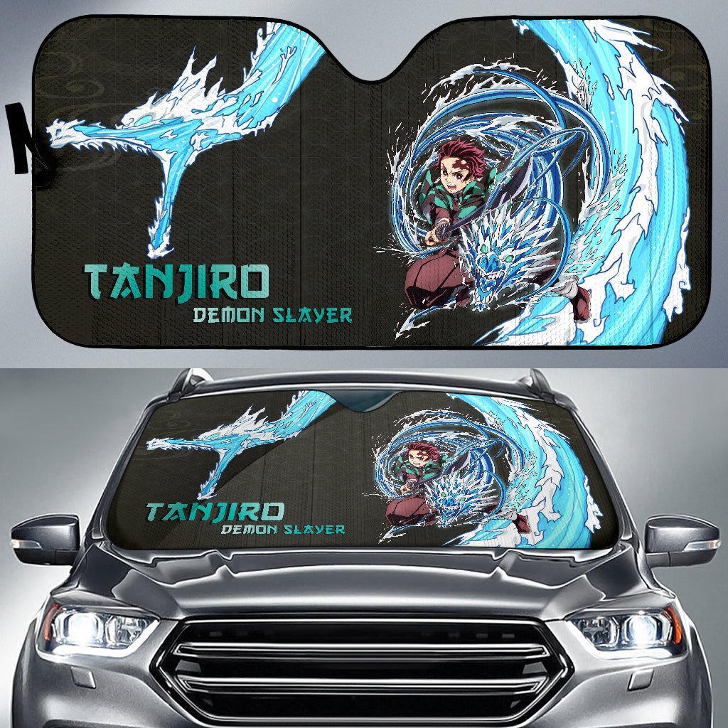  Demon Slayer Windshield Shade Tanjiro Water Breath Dragon Power Black Pattern Car Sun Shade Demon Slayer Car Sun Shade