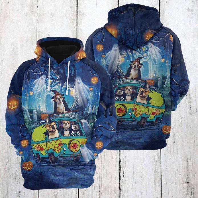 Gifury Halloween Hoodie Halloween Apparel Bulldog Halloween Night Blue Hoodie Halloween Clothing 2022