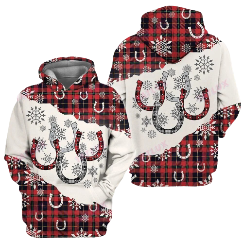 Horse Christmas T-shirt Four Horseshoes Christmas Plaid Black Red Hoodie Horse Christmas Hoodie