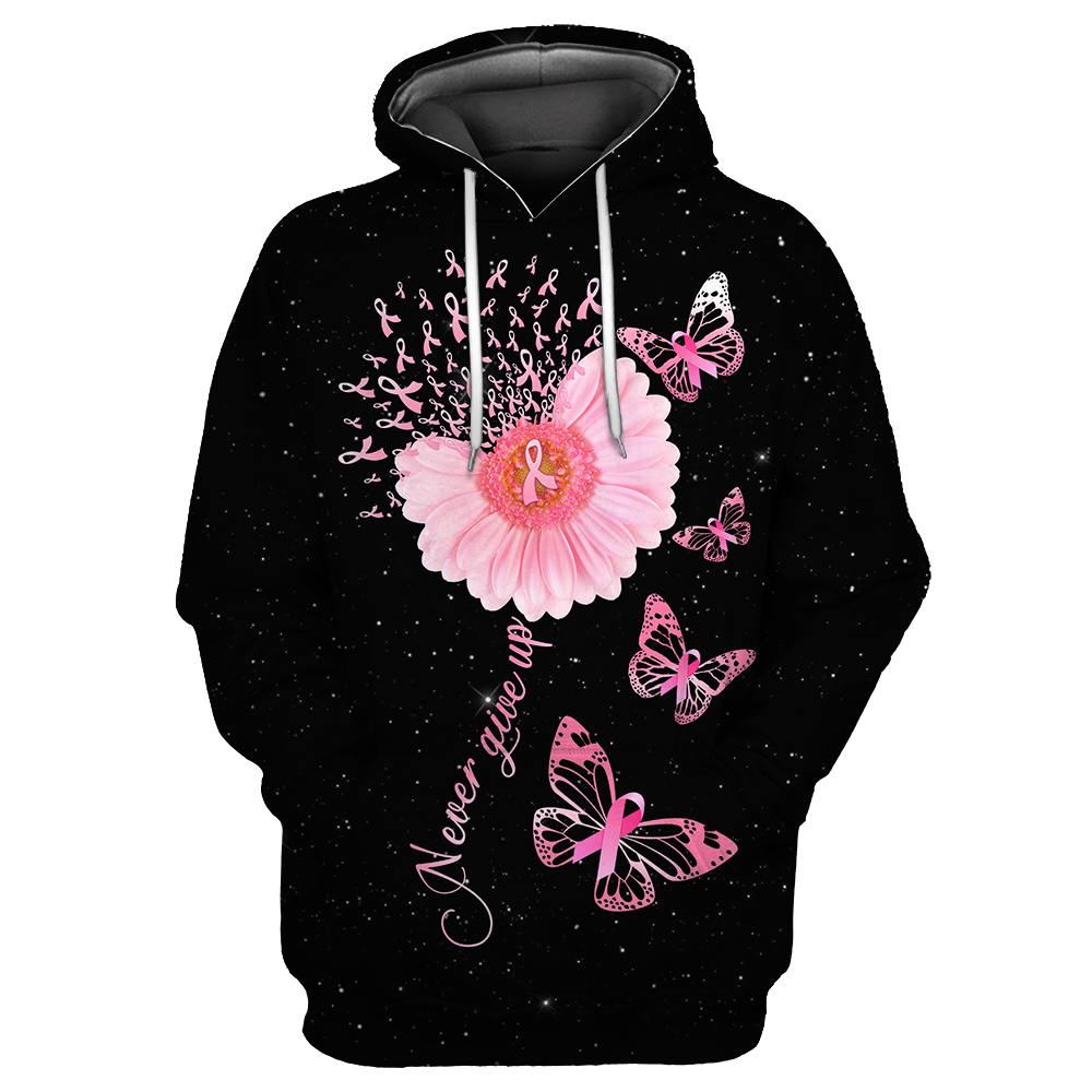 Gifury Breast Cancer Shirt Breast Cancer Never Give Up Flowers And Butterflies Black Pink Hoodie Breast Cancer Hoodie Breast Cancer Apparel 2022