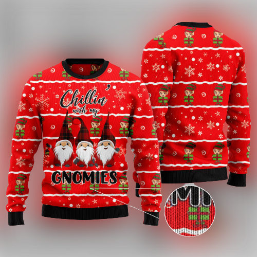 Gifury Gnome Christmas Ugly Sweater Three Gnomes Chilling With My Gnomie Christmas Pattern Red Sweater Gnome Apparel 2022