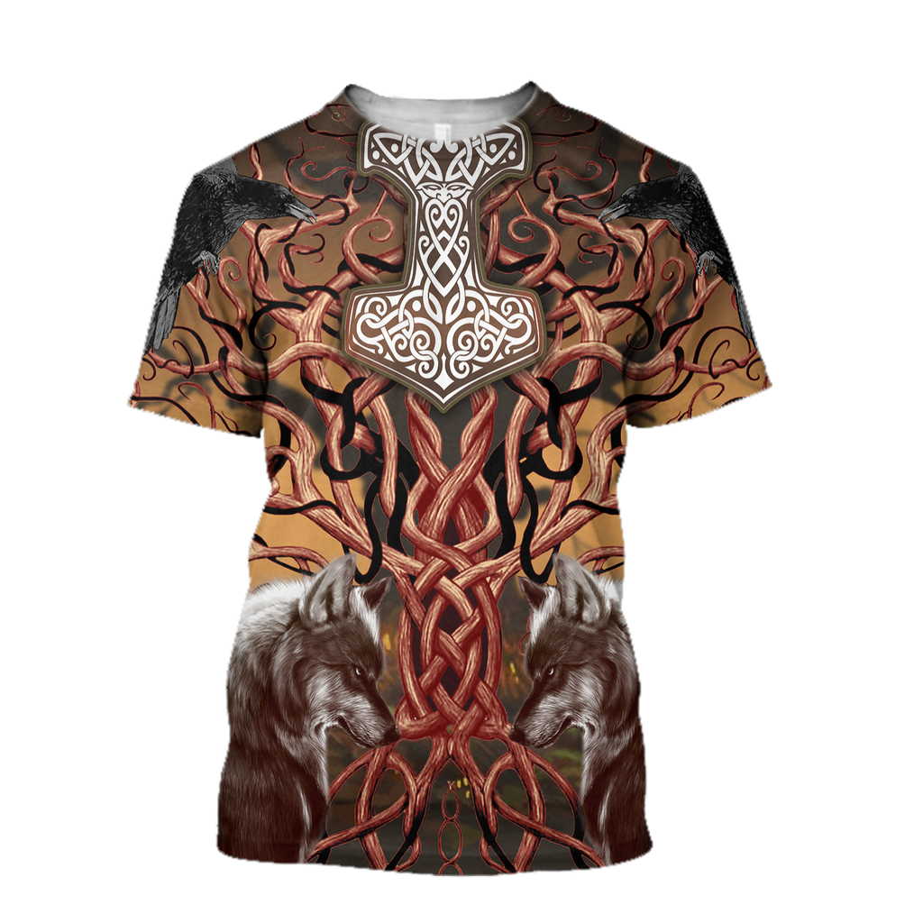  Viking Shirt Raven Wolf Viking Hammer Viking Tree Of Life Brown T-shirt Viking Hoodie Adult Full Print