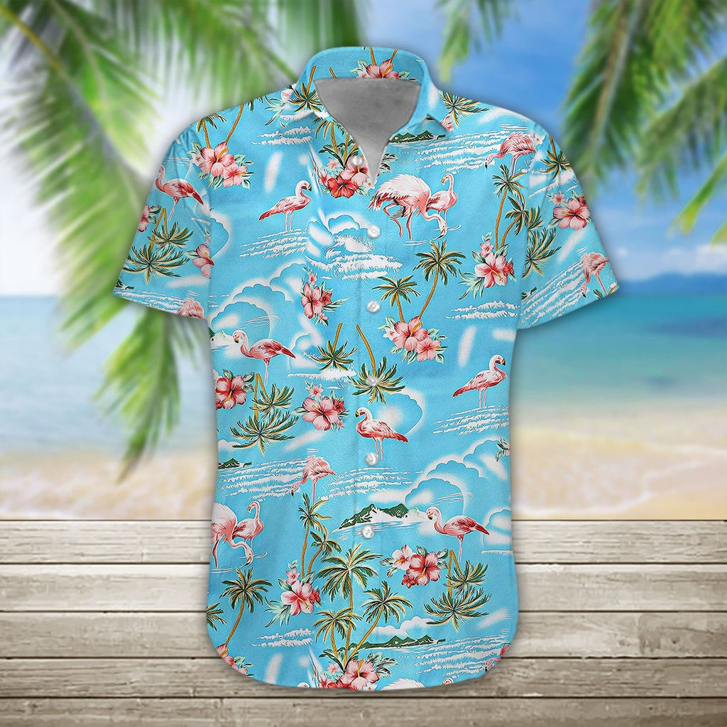 Gifury Flamingo Aloha Shirt Blue Ocean Palm Tree Flamingo Hawaiian Shirt Flamingo Hawaii Shirt 2023