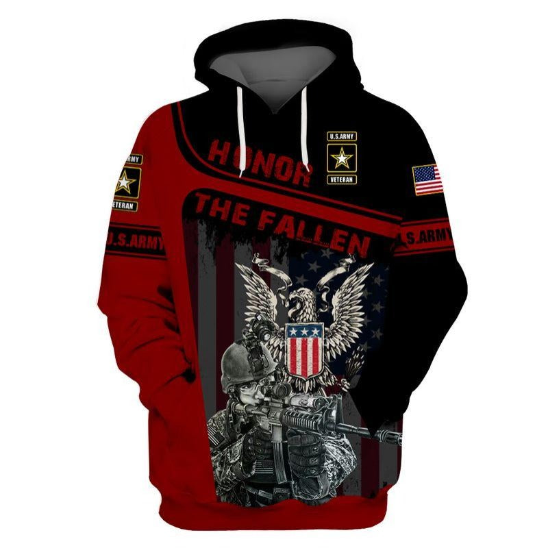U.S Army Veteran Hoodie Military 3D Shirt Red Black Honor The Fallen Soldier Adult Full Print Hoodie