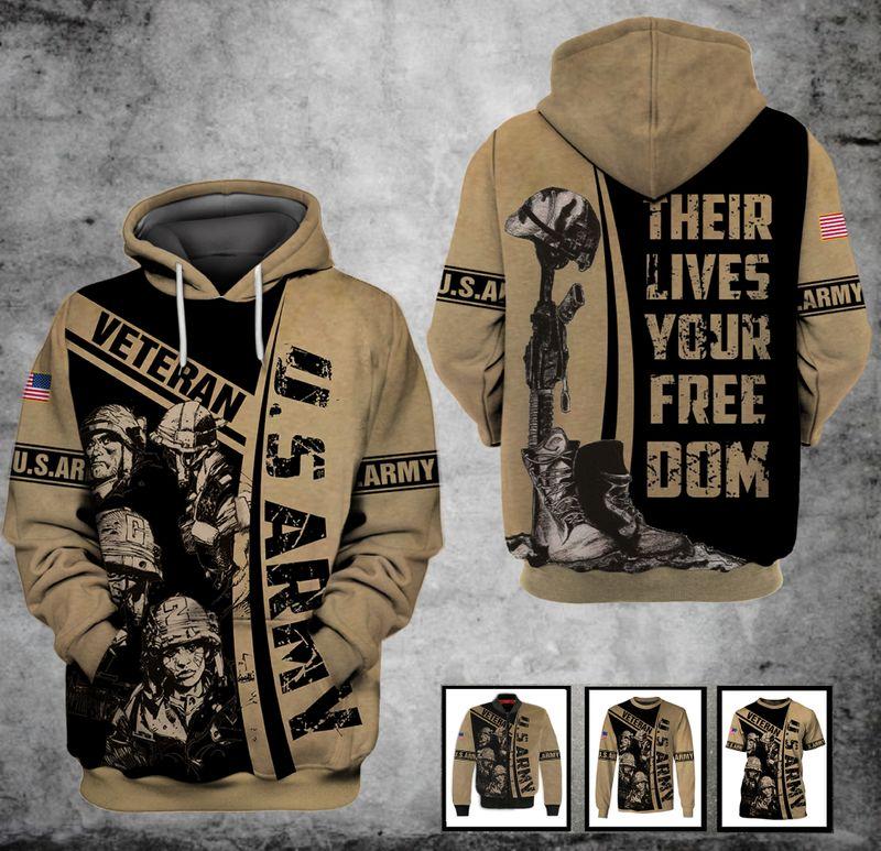 U.S Army Veteran Hoodie Military Gifts Soldier Their Lives Your Freedom Brown Adult 3D Hoodie Apparel