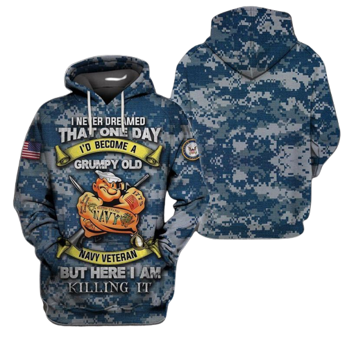 Navy Veteran Hoodie Grumpy Old Navy Veteran Here I Am Hoodie Blue Camo 3D Hoodie