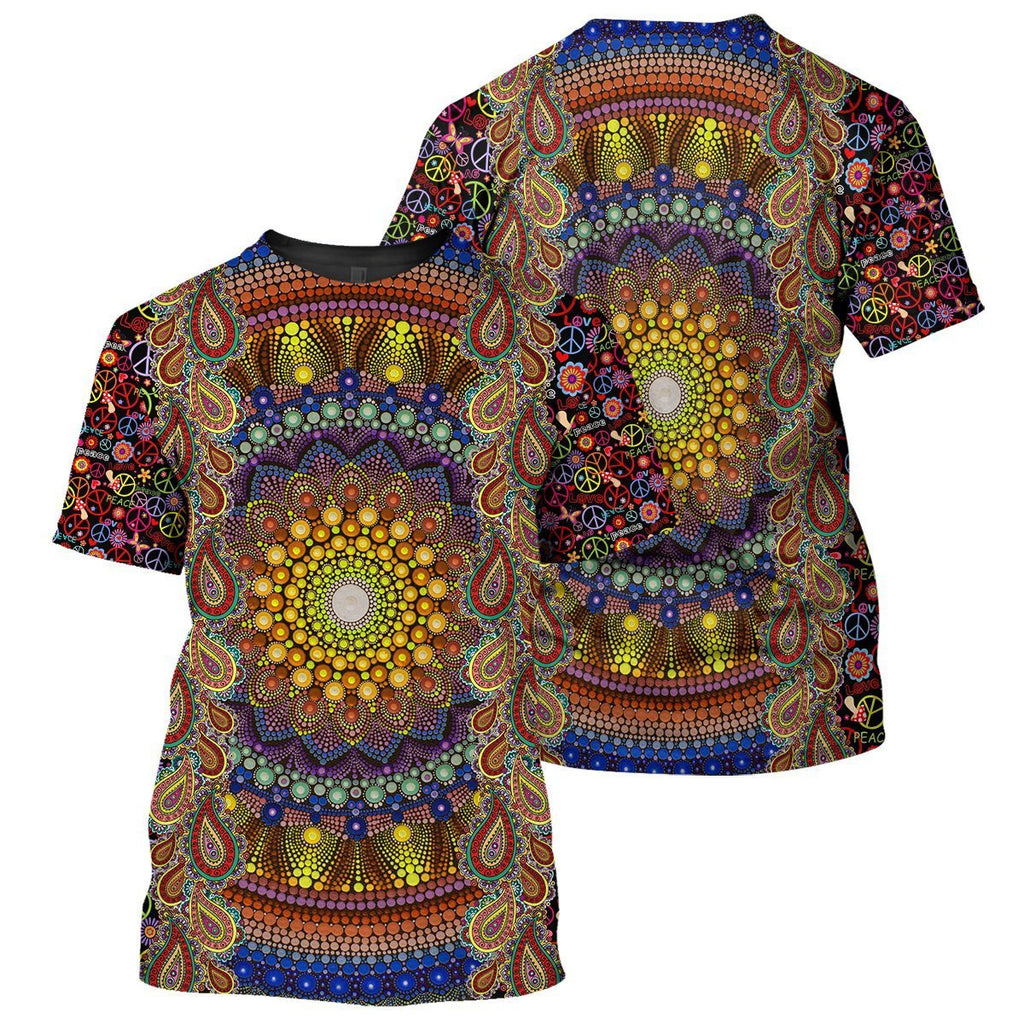  Hippie Hoodie Sunflower Mandala Hippie Peace Sign Pattern Brown T-shirt Hoodie Adult Unisex Full Print