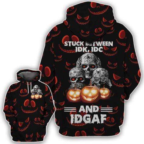 Gifury Halloween Hoodie Halloween Apparel Stuck Between IDK IDC And IDGAF Skull Black Hoodie Halloween Clothing 2022