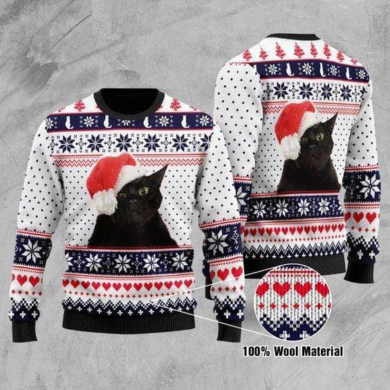 Gifury Cat Christmas Sweater Black Cat Christmas Pattern White Blue Ugly Sweater Cat Ugly Sweater 2022