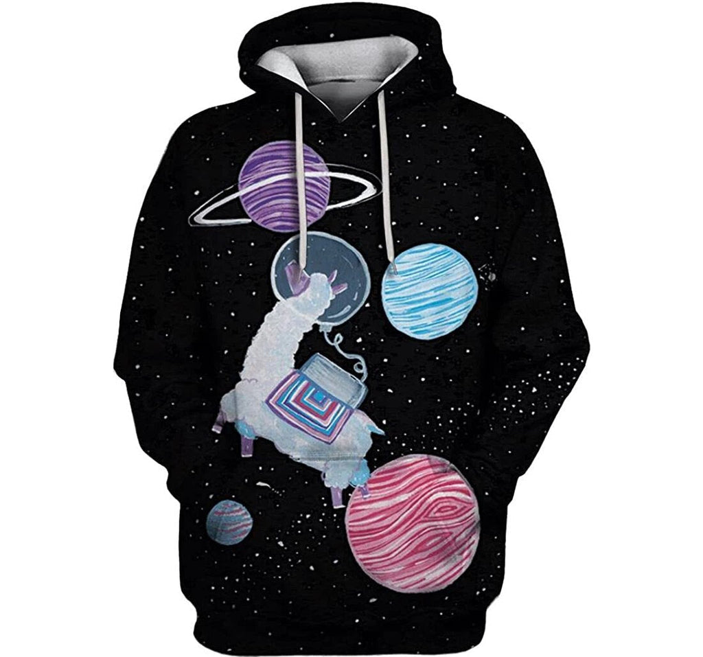 Llama Hoodie Astronaut Llama Outer Space Planets Black Hoodie