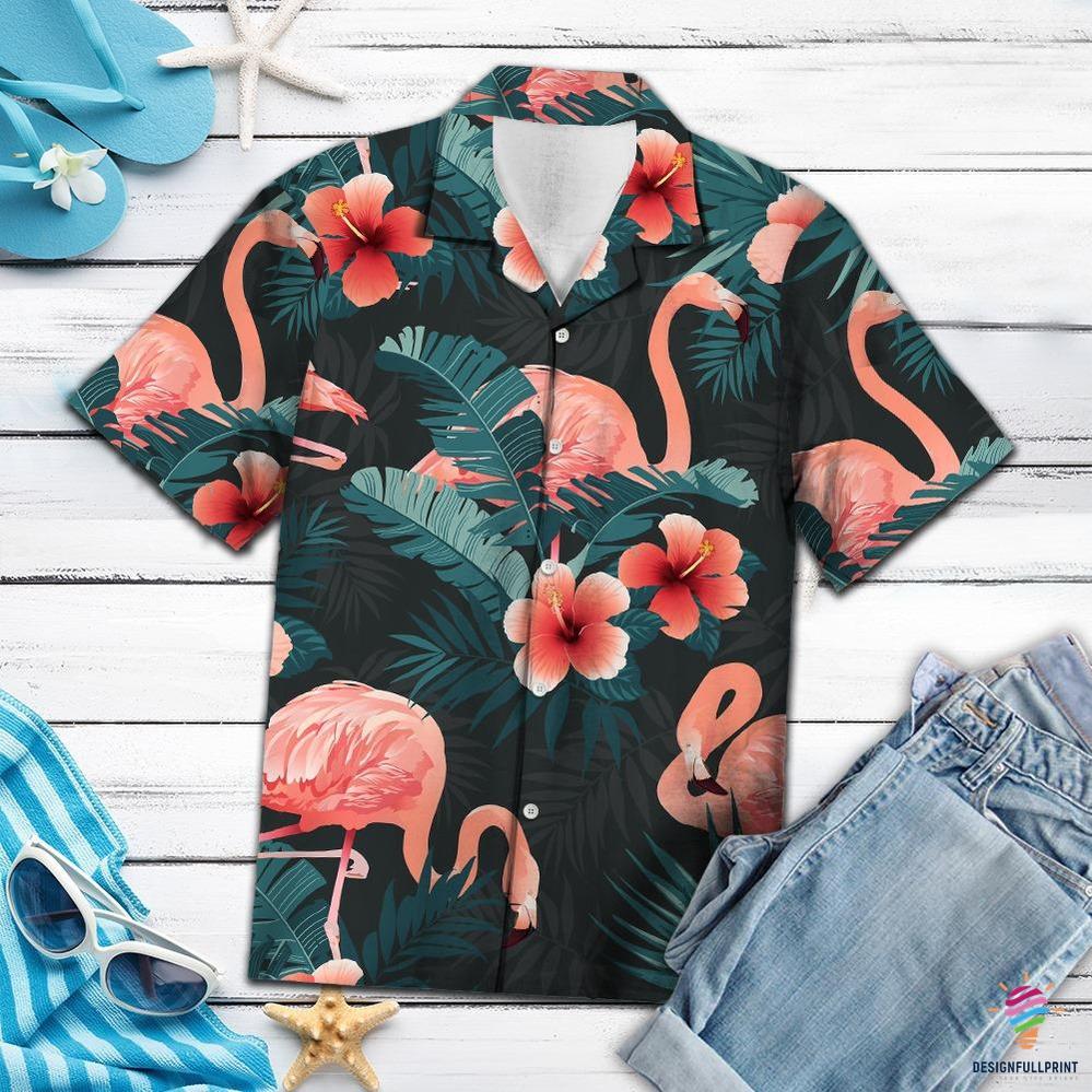 Gifury Flamingo Hawaii Shirt Orange Flamingo Dark Green Tropical Hawaiian Shirt Flamingo Aloha Shirt 2022