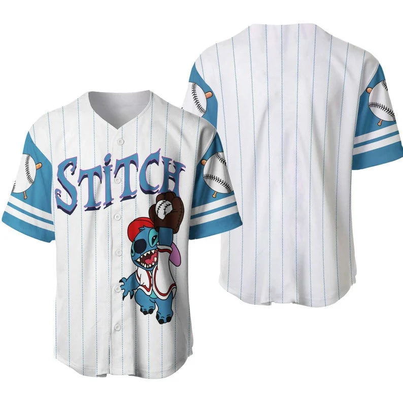 Stitch Jersey Disney Stitch Player Catching Ball Graphic Blue White Jersey Shirt Stitch Baseball Jersey Disney Baseball Jersey