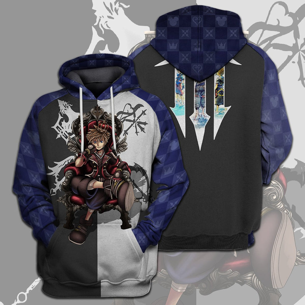  Kingdom Hearts T-shirt Sora On The Crown Kingdom Hearts 3 Black White Blue T-shirt Hoodie  