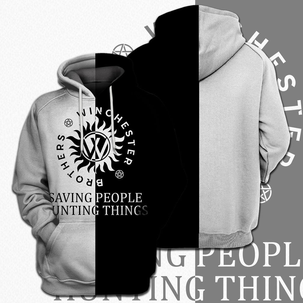  Supernatural T-shirt Winchester Brothers Saving People Hunting Things Black White T-shirt Hoodie  