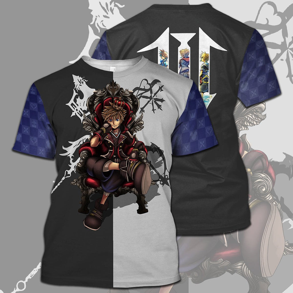  Kingdom Hearts T-shirt Sora On The Crown Kingdom Hearts 3 Black White Blue T-shirt Hoodie  