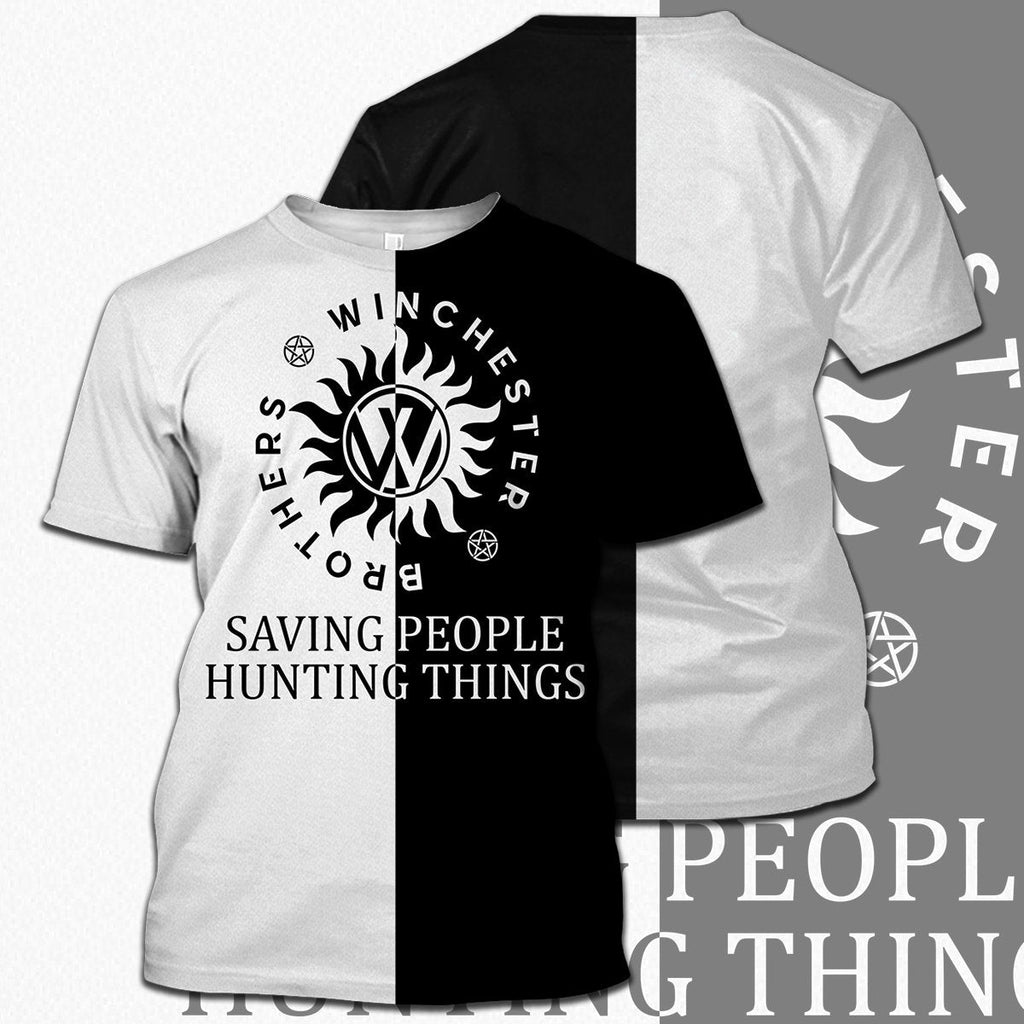  Supernatural T-shirt Winchester Brothers Saving People Hunting Things Black White T-shirt Hoodie  