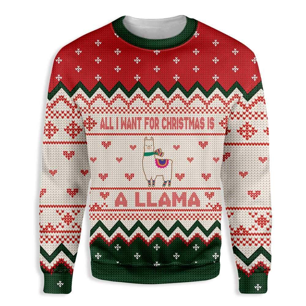 Llama Christmas Sweater All I Want For Christmas Is A Llama Red white Green Ugly Sweater