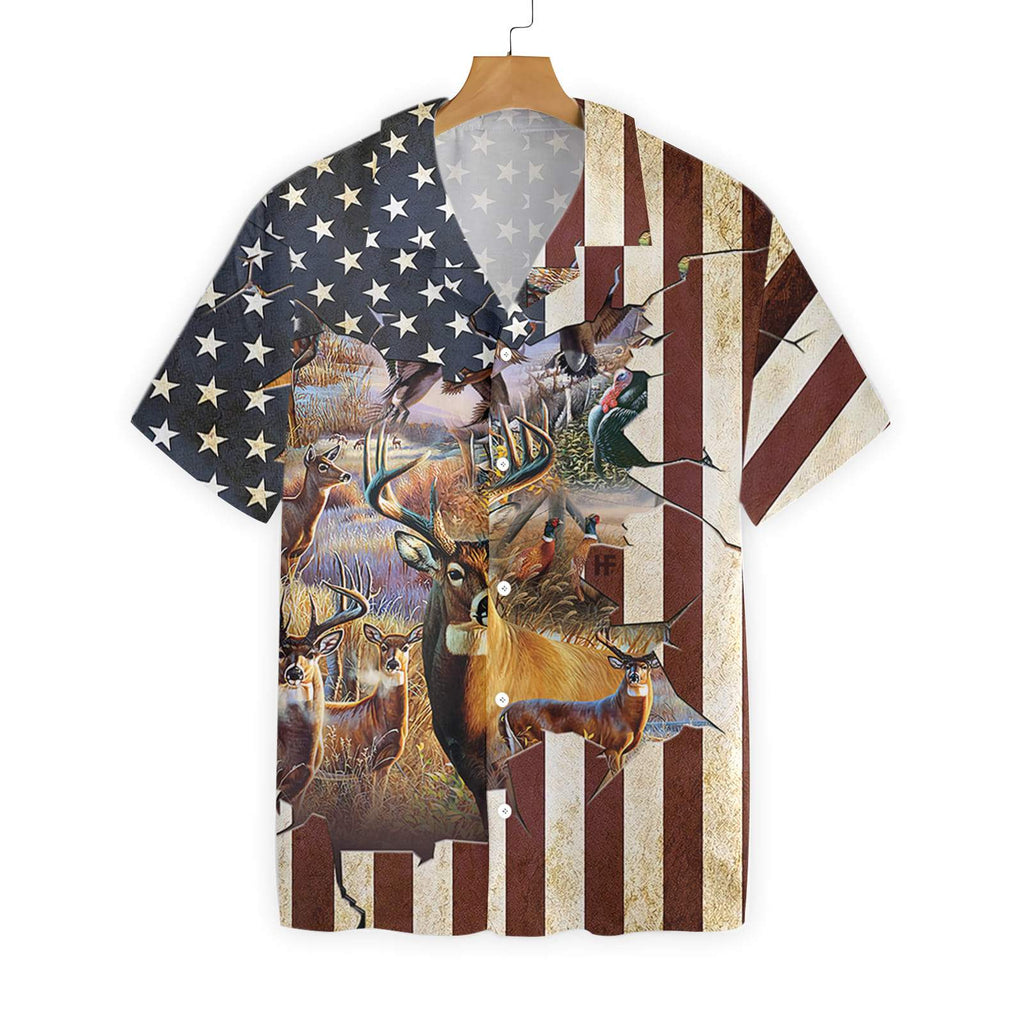 Gifury Hunting T-shirt Hunting Aloha Shirt Deer Hunting American Flag Background Hawaiian Shirt 2022