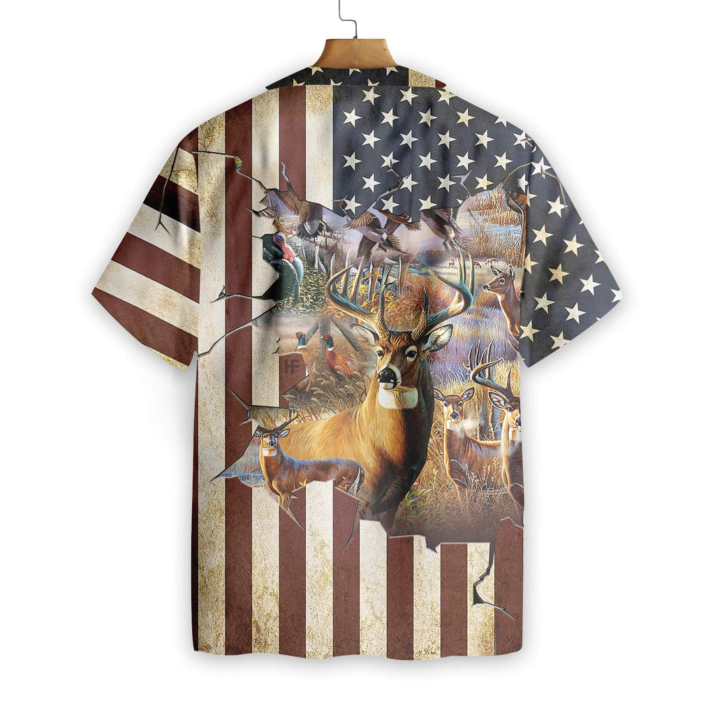 Gifury Hunting T-shirt Hunting Aloha Shirt Deer Hunting American Flag Background Hawaiian Shirt 2023