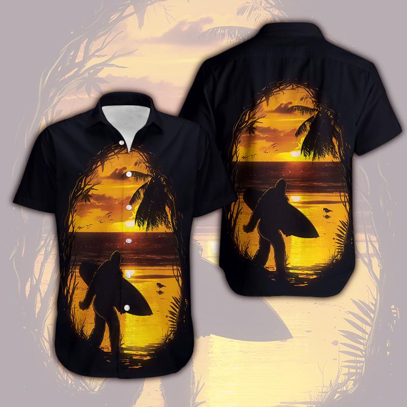 Bigfoot Hawaii Shirt Bigfoot In The Sunset Hawaiian Shirt Black Adult Full Print Aloha Shirt