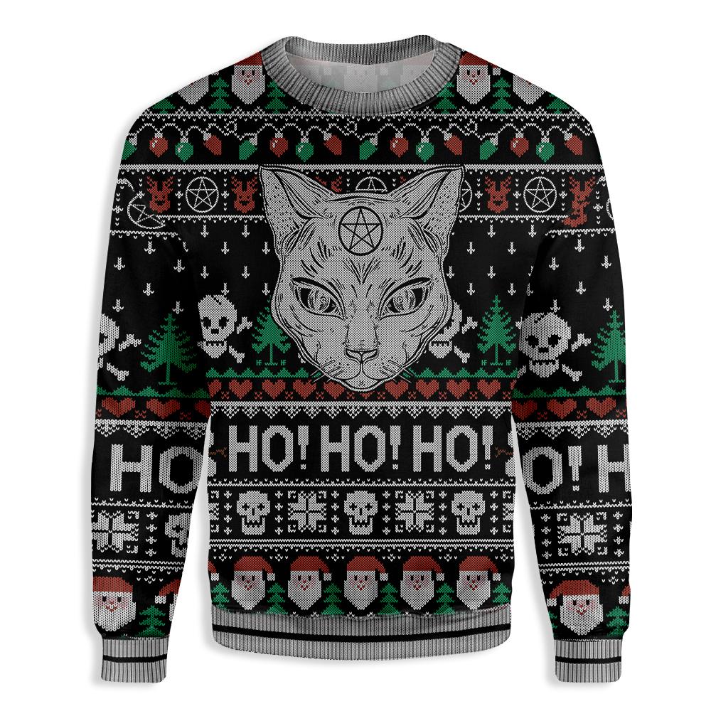 Gifury Cat Sweater Wicca Black Cat Ho Ho Ho Christmas Pattern Ugly Sweater Cat Ugly Sweater 2022
