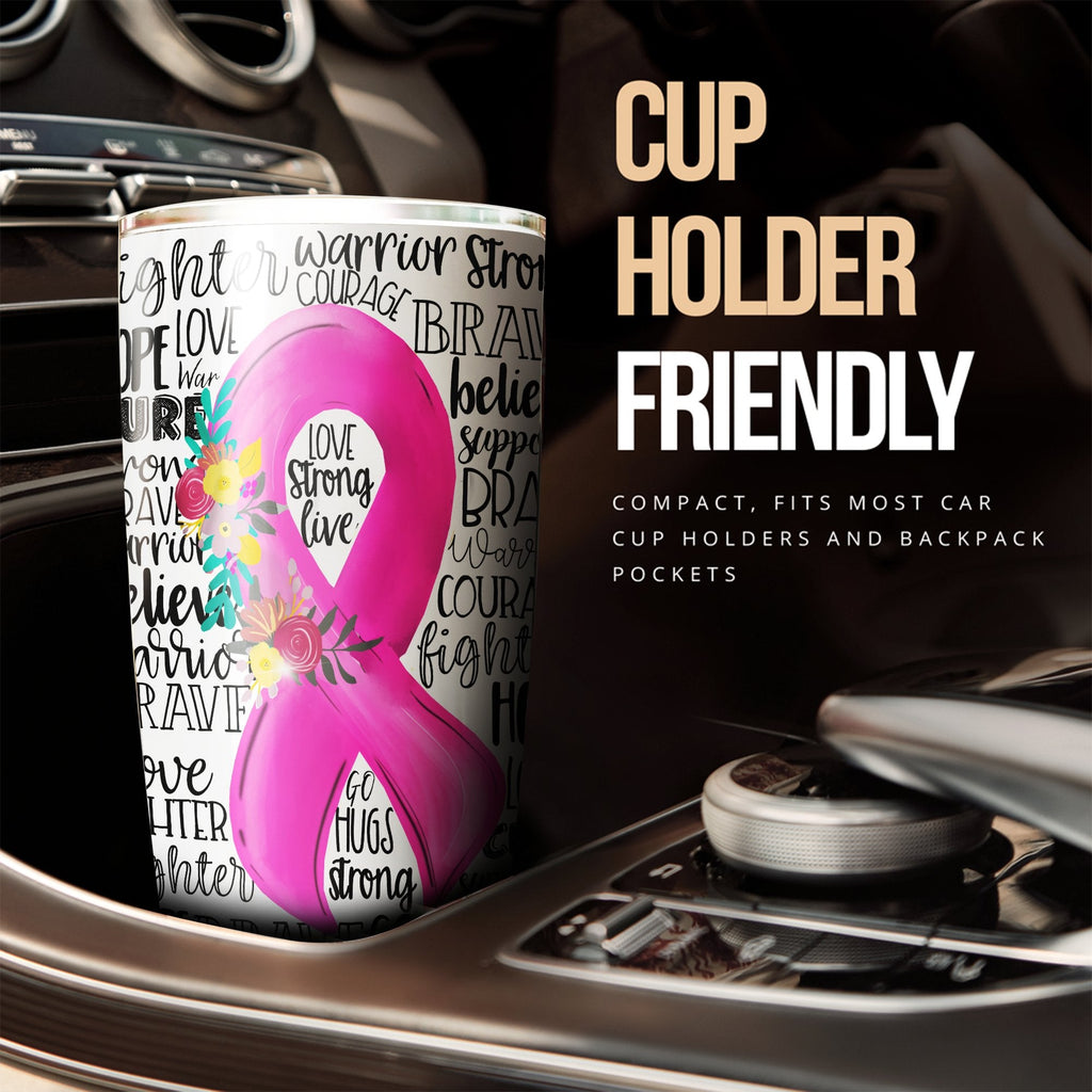 Gifury Breast Cancer Tumbler 20 Oz Encouraging Words Love Strong Live Pink Ribbon White Tumbler Cup 2022