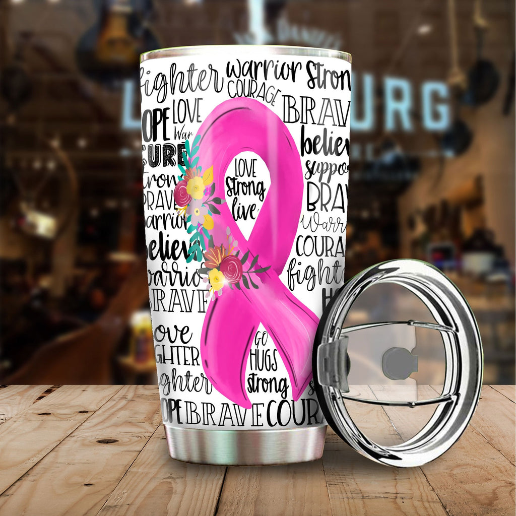 Gifury Breast Cancer Tumbler 20 Oz Encouraging Words Love Strong Live Pink Ribbon White Tumbler Cup 2022
