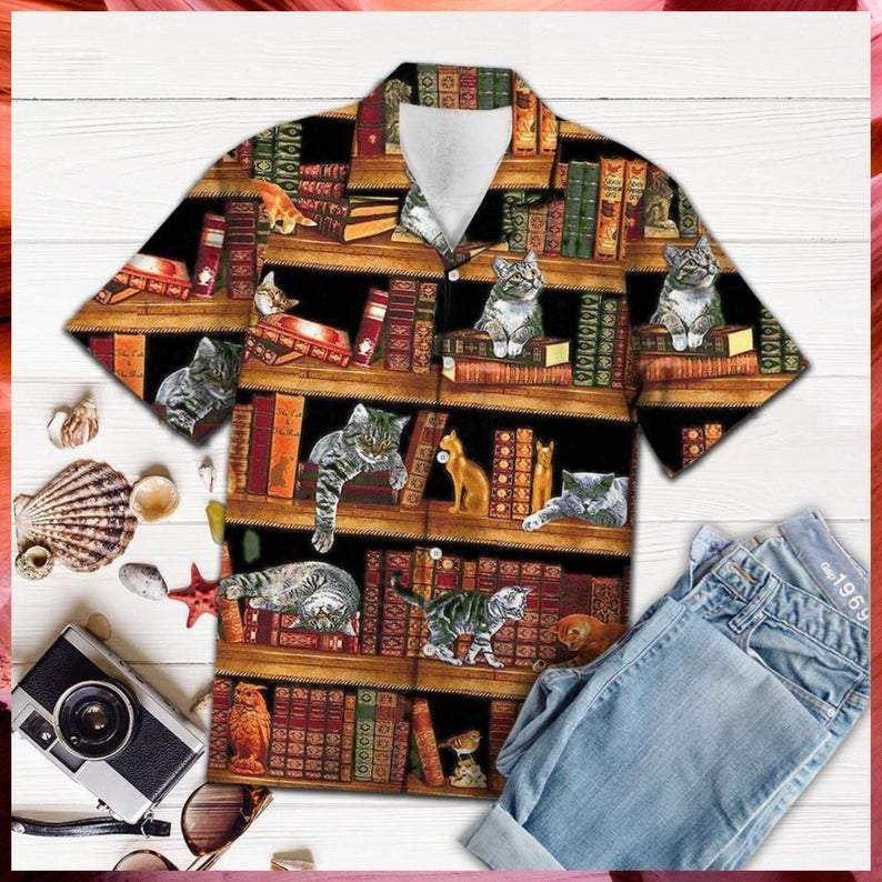 Gifury Book Hawaiian Shirt Bookshelfs And Cats 3d Aloha Shirt Book Hawaii Shirt 2022