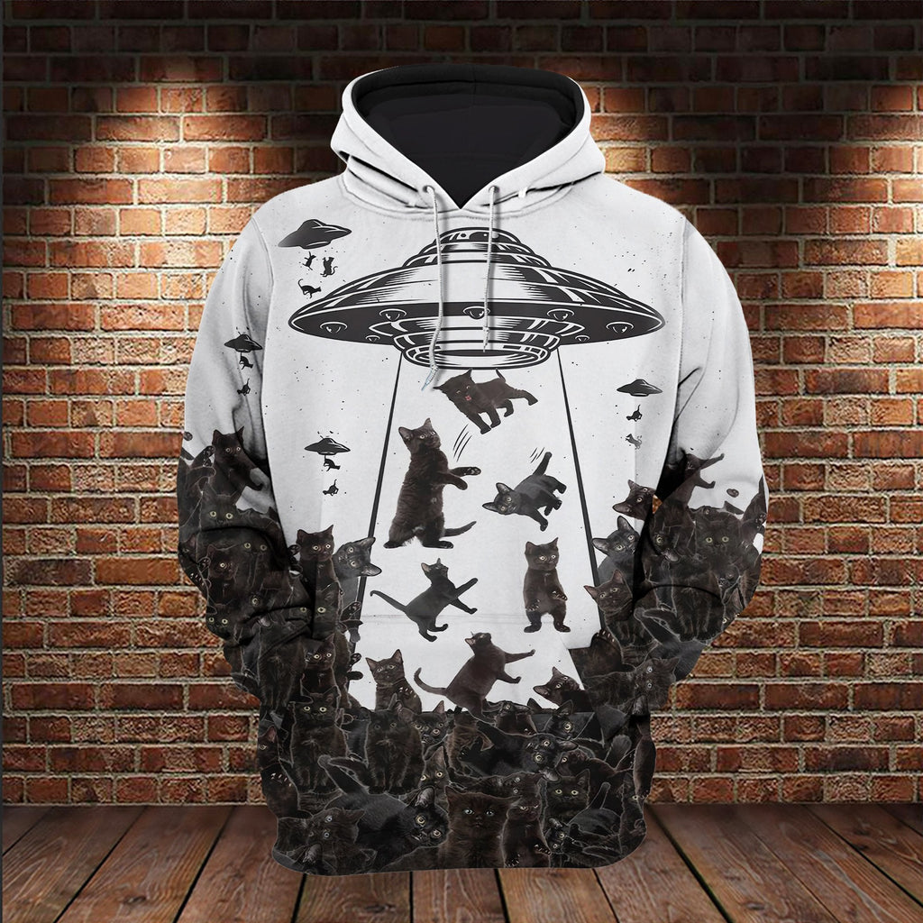 Gifury Cat UFO Shirt Black White UFO Abduction Cat T-shirt Cat Hoodie Cat Apparel 2023