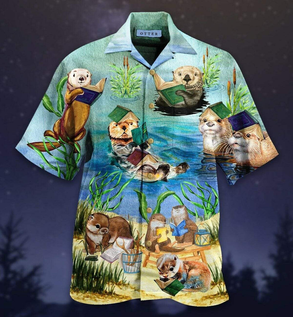 Gifury Book Hawaiian Shirt Cute Otter Reading Book Blue Hawaii Shirt Book Aloha Shirt 2022