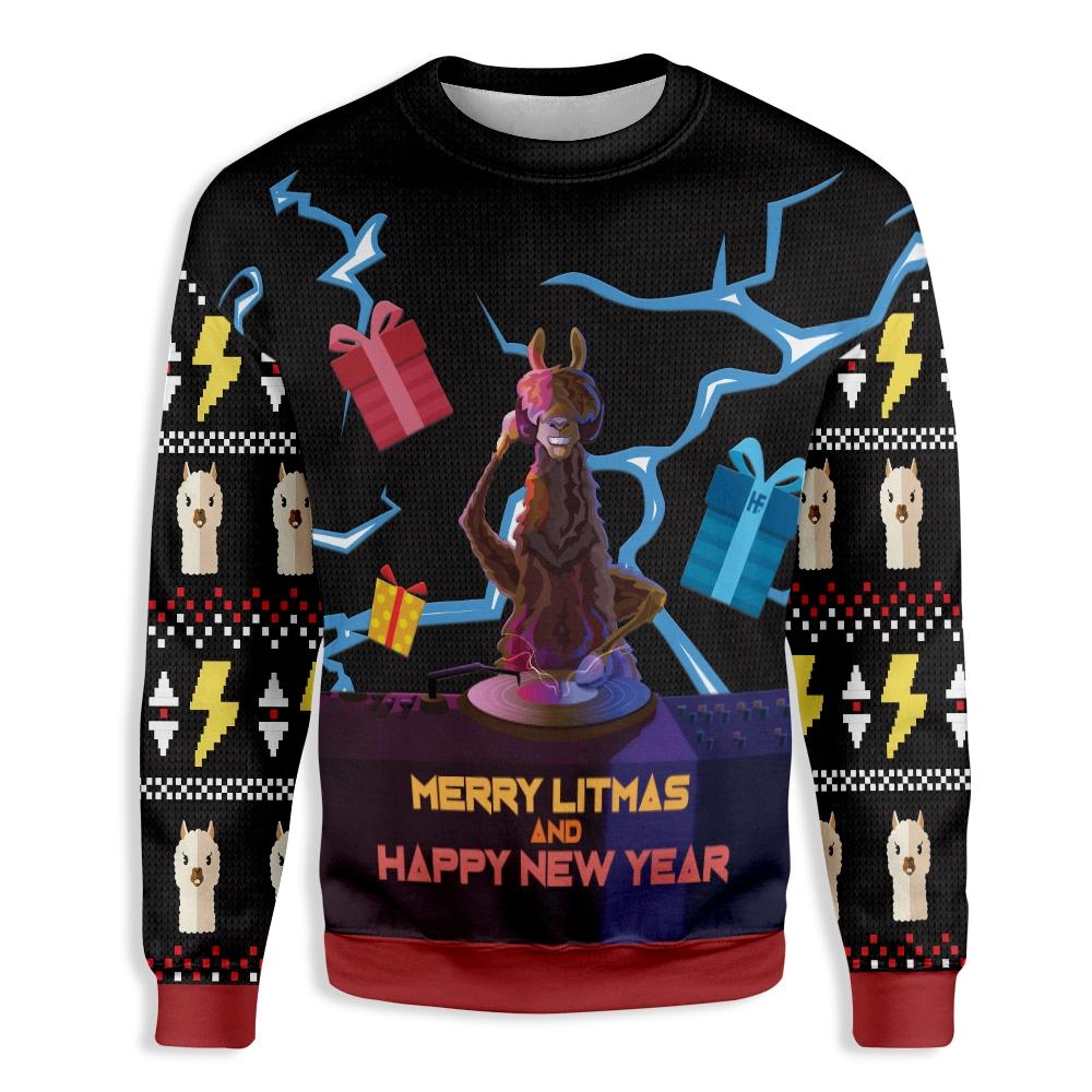 Llama Christmas Sweater DJ Llama Merry Litmas And Happy New Year Ugly Sweater