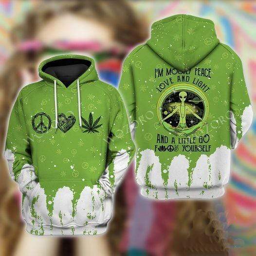  Hippie Hoodie Hippie Alien I'm Mostly Peace Love And Light Amd A Little Go F Youself Green Hoodie Apparel Adult Unisex