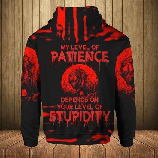 Gifury Halloween T-shirt Scary Wolf My Level Of Patience Depends On Your Level Of Stupidity Red Black Hoodie Halloween Hoodie 2023