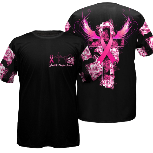 Gifury Breast Cancer T-shirt Faith Hope Love Wing Cross Rose Pink Black Hoodie Breast Cancer Hoodie 2022