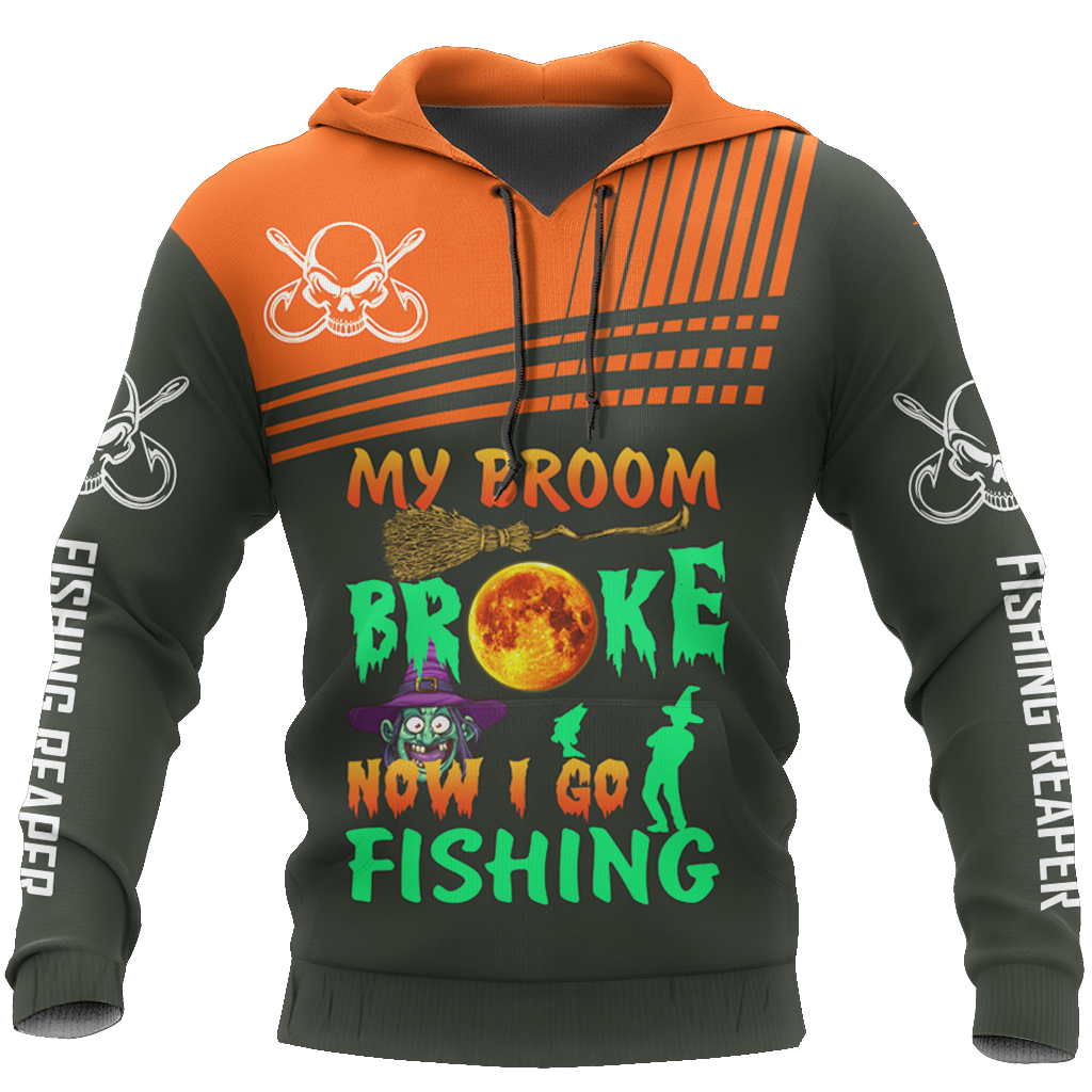 Gifury Halloween Shirt Halloween Apparel Halloween My Broom Broke Now I Go Fishing Fishing Reaper Black Orange T-shirt Halloween Hoodie 2022