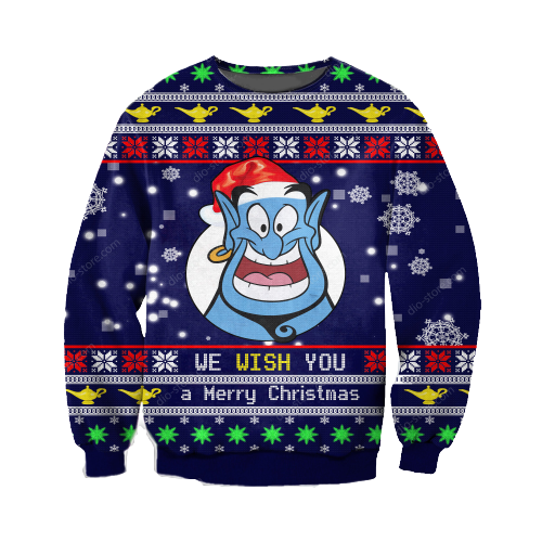  DN Chrsitmas Ugly Sweater Genie We Wish You A Merry Christmas Blue Sweater