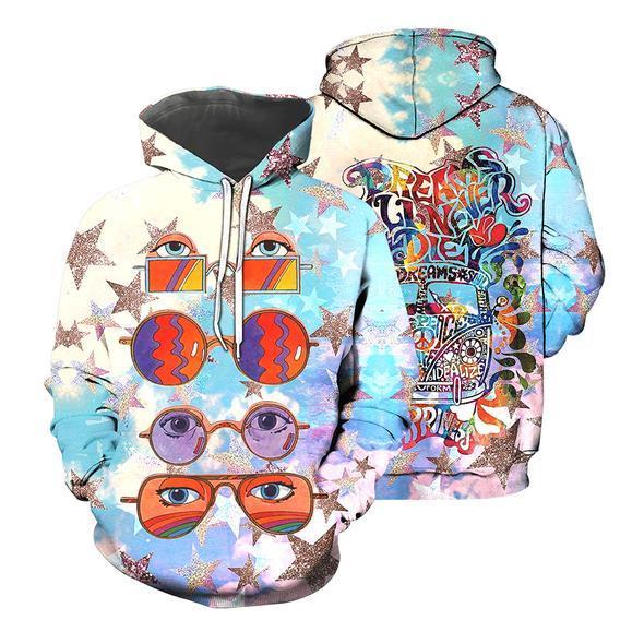  Hippie Hoodie Hippie Glasses Dream Will Never Die Star Pattern Blue T-shirt Hoodie Adult Full Print