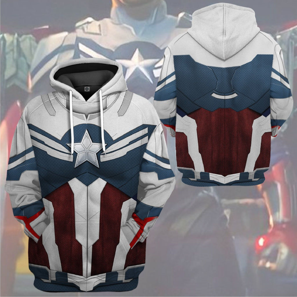 MV Shirt Captain America T-shirt Sam Wilson Captain America Sit Costume White Blue Hoodie MV Hoodie