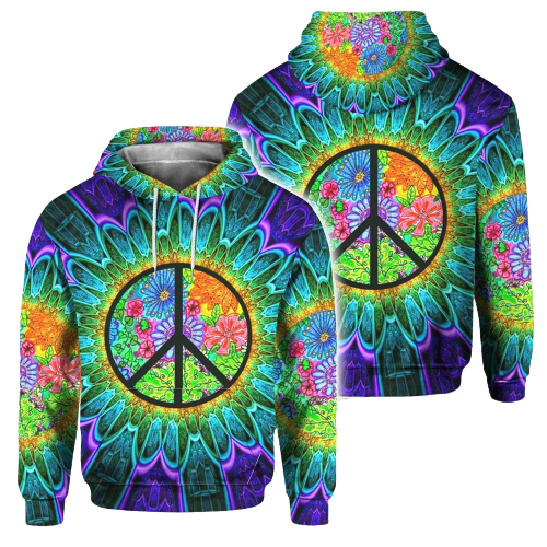 Hippie Hoodie Peace Symbol Sunflower Mandala Blue Green T-shirt Hoodie Adult Unisex Full Print